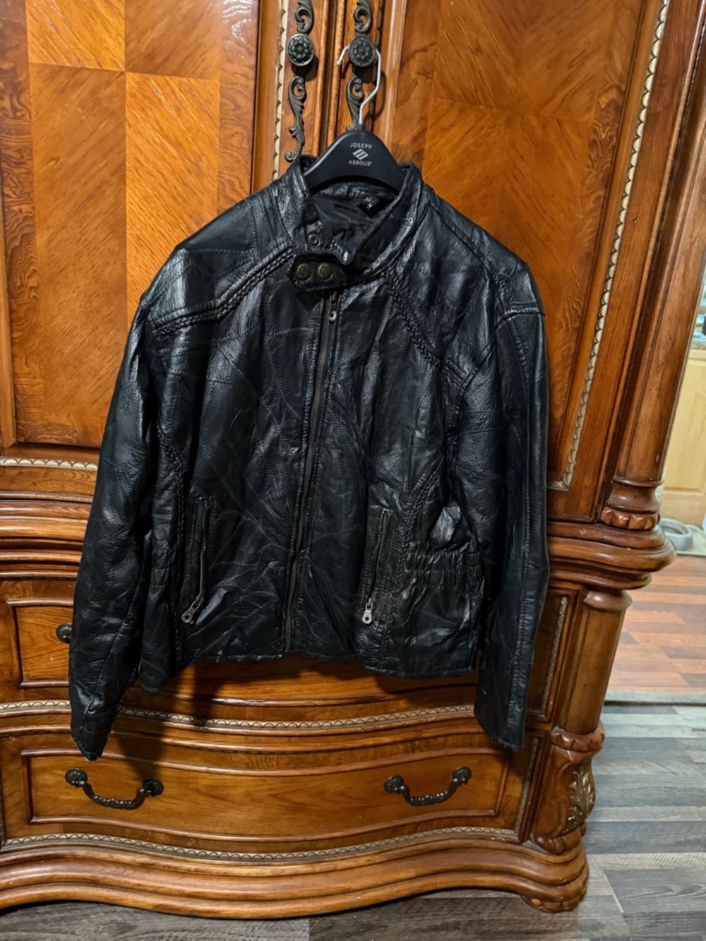 Men's Black Leather Bomber Jacket with Snap Collar